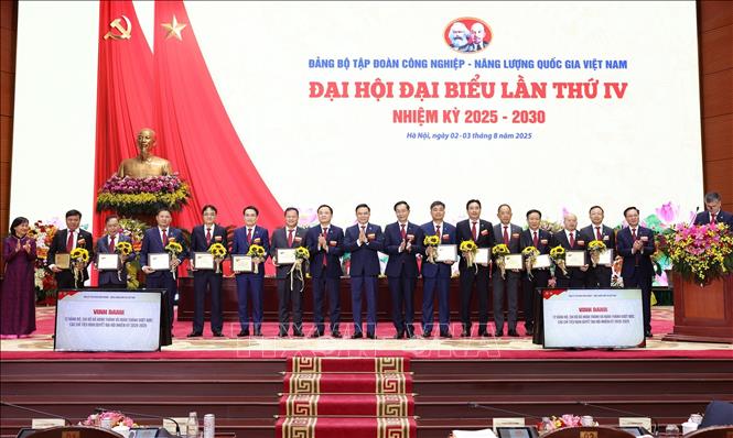 Đại hội vinh danh 12 đảng bộ, chi bộ hoàn thành và hoàn thành vượt mức các chỉ tiêu nghị quyết đại hội nhiệm kỳ 2020 - 2025. Ảnh: Quốc Khánh - TTXVN