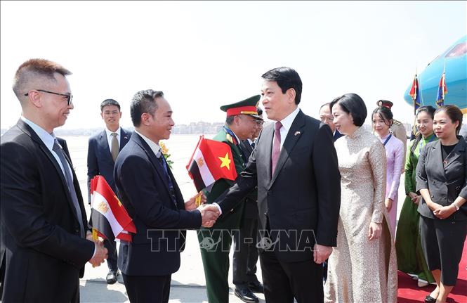 Đại biểu đón Chủ tịch nước Lương Cường và Phu nhân tại sân bay quốc tế Cairo, Ai Cập. Ảnh: Lâm Khánh – TTXVN
