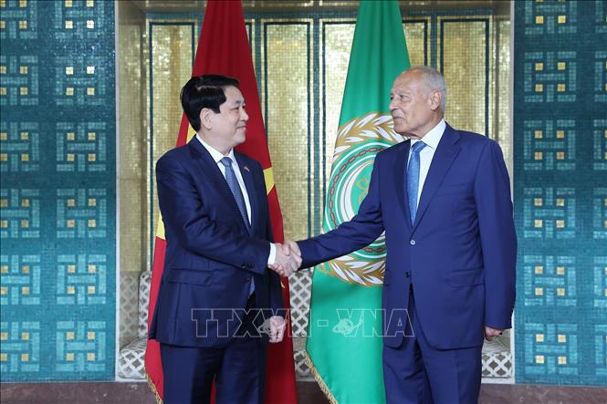 Chủ tịch nước Lương Cường với Tổng Thư ký Liên đoàn Arab Ahmed Aboul Gheit. Ảnh: Lâm Khánh – TTXVN