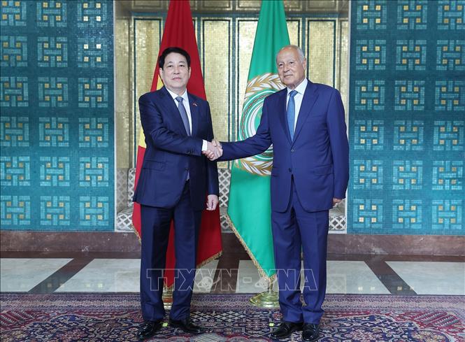 Tổng Thư ký Liên đoàn Arab Ahmed Aboul Gheit đón Chủ tịch nước Lương Cường. Ảnh: Lâm Khánh – TTXVN
