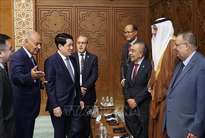 Tổng Thư ký Liên đoàn Arab Ahmed Aboul Gheit giới thiệu các đại biểu với Chủ tịch nước Lương Cường. Ảnh: Lâm Khánh - TTXVN
