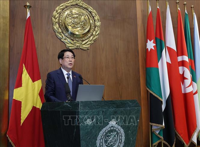 Chủ tịch nước Lương Cường phát biểu chính sách tại Trụ sở Liên đoàn Arab. Ảnh: Lâm Khánh - TTXVN