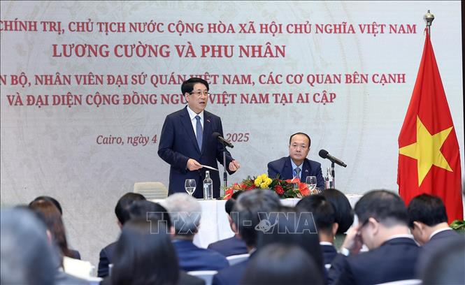 Chủ tịch nước Lương Cường nói chuyện với cán bộ, nhân viên Đại sứ quán, các cơ quan và đại diện cộng đồng người Việt Nam tại Ai Cập. Ảnh: Lâm Khánh - TTXVN 