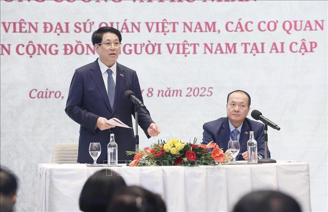 Chủ tịch nước Lương Cường nói chuyện với cán bộ, nhân viên Đại sứ quán, các cơ quan và đại diện cộng đồng người Việt Nam tại Ai Cập. Ảnh: Lâm Khánh - TTXVN 