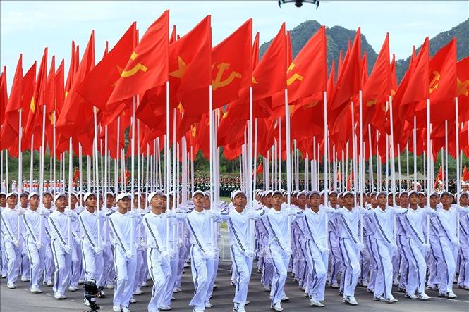 Khối cờ Đảng, cờ Tổ quốc tại buổi tổng hợp luyện. Ảnh: Tuấn Anh - TTXVN