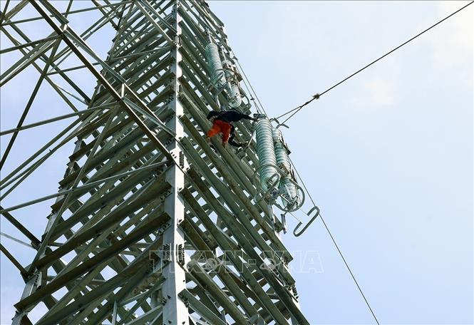 Lắp đặt trụ sứ cách điện ở vị trí trụ cột số 352, thuộc địa bàn xã Vũ Ninh, tỉnh Phú Thọ. Ảnh: Vũ Sinh - TTXVN