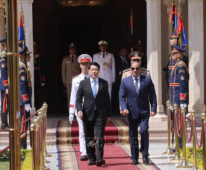 Tổng thống Abdel Fattah El-Sisi đón Chủ tịch nước Lương Cường. Ảnh: Lâm Khánh – TTXVN