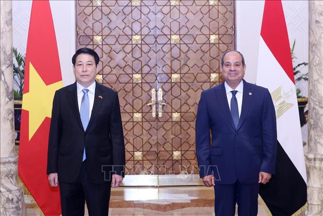 Chủ tịch nước Lương Cường và Tổng thống Ai Cập Abdel Fattah El-Sisi chụp ảnh chung. Ảnh: Lâm Khánh - TTXVN