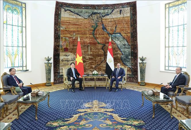 Chủ tịch nước Lương Cường và Tổng thống Ai Cập Abdel Fattah El-Sisi hội đàm hẹp. Ảnh: Lâm Khánh - TTXVN