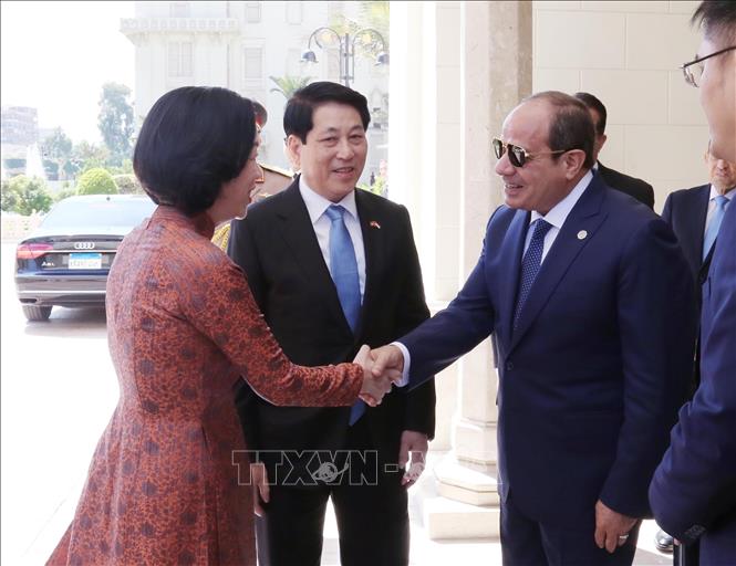 Tổng thống Ai Cập Abdel Fattah El-Sisi đón Chủ tịch nước Lương Cường và Phu nhân. Ảnh: Lâm Khánh – TTXVN