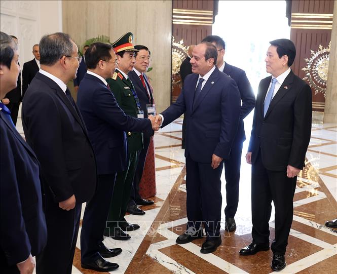 Chủ tịch nước Lương Cường giới thiệu thành viên đoàn Việt Nam với Tổng thống Ai Cập Abdel Fattah El-Sisi. Ảnh: Lâm Khánh - TTXVN