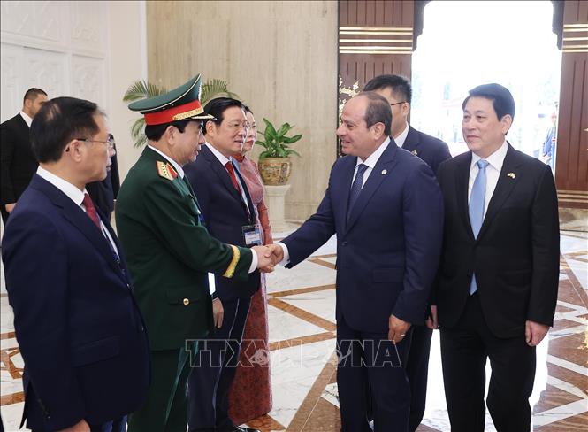 Chủ tịch nước Lương Cường giới thiệu thành viên đoàn Việt Nam với Tổng thống Ai Cập Abdel Fattah El-Sisi. Ảnh: Lâm Khánh - TTXVN