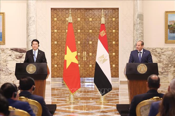 Chủ tịch nước Lương Cường và Tổng thống Ai Cập Abdel Fattah El-Sisi gặp gỡ báo chí, thông tin về kết quả hội đàm. Ảnh: Lâm Khánh - TTXVN