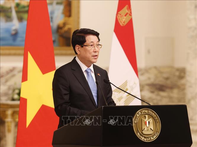 Chủ tịch nước Lương Cường thông tin về kết quả hội đàm với Tổng thống Ai Cập Abdel Fattah El-Sisi. Ảnh: Lâm Khánh - TTXV