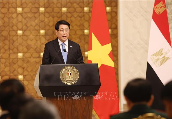 Chủ tịch nước Lương Cường thông tin về kết quả hội đàm với Tổng thống Ai Cập Abdel Fattah El-Sisi. Ảnh: Lâm Khánh - TTXV