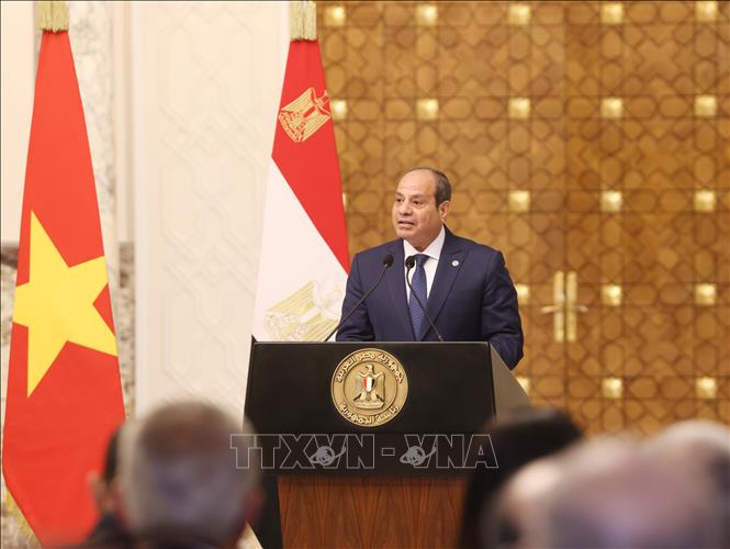 Tổng thống Ai Cập Abdel Fattah El-Sisi thông tin về kết quả hội đàm với Chủ tịch nước Lương Cường. Ảnh: Lâm Khánh - TTXVN