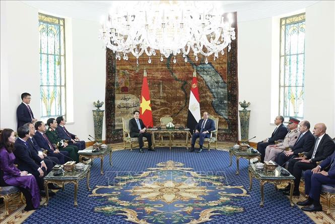 Chủ tịch nước Lương Cường hội đàm chính thức với Tổng thống Ai Cập Abdel Fattah El-Sisi. Ảnh: Lâm Khánh - TTXVN
