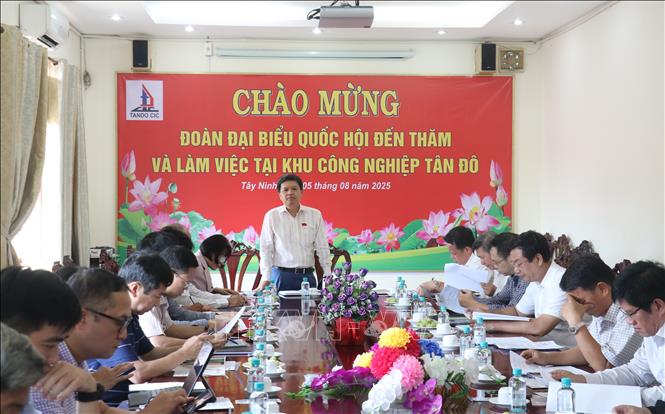 Đoàn giám sát của Quốc hội làm việc với khu công nghiệp Tân Đô (xã Đức Hòa, Tây Ninh) về chấp hành pháp luật trong bảo vệ môi trường. Ảnh: Bùi Giang - TTXVN