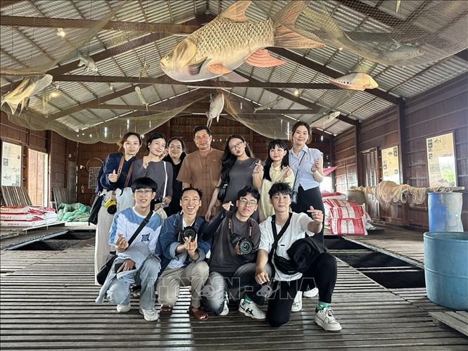 Tại bè cá ở Cồn Sơn, du khách có thể tham quan cá ở sông, vừa tìm hiểu từng loài cá đặc trưng của sông Hậu qua những thông tin, mô hình 3D được thể hiện chi tiết. Ảnh: Thanh Liêm - TTXVN