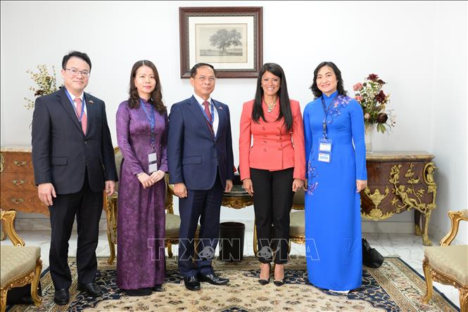 Phó Thủ tướng, Bộ trưởng Ngoại giao Bùi Thanh Sơn hội kiến Bộ trưởng Kế hoạch, Phát triển Kinh tế và Hợp tác Quốc tế Ai Cập Rania A. Al-Mashat. Ảnh: TTXVN phát