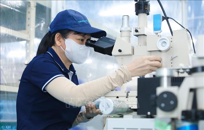 Công nhân lắp ráp cụm chi tiết siêu nhỏ đòi hỏi chính xác phục vụ cho sản xuất chíp bán dẫn. Ảnh: Thành Phương – TTXVN