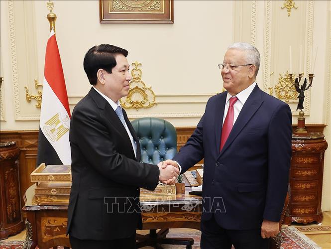 Chủ tịch nước Lương Cường với Chủ tịch Hạ viện Ai Cập Hanafy El-Gebaly tại trụ sở Hạ viện Ai Cập. Ảnh: Lâm Khánh – TTXVN