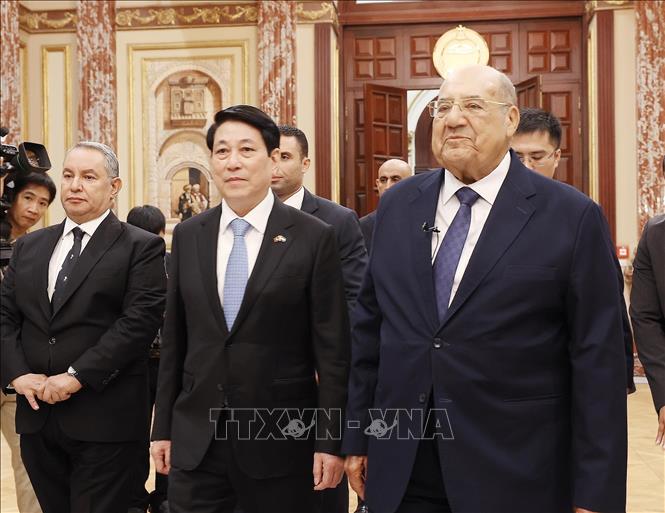 Chủ tịch Thượng viện Ai Cập Abdel-Wahab Abdel-Razeq đón Chủ tịch nước Lương Cường. Ảnh: Lâm Khánh - TTXVN 