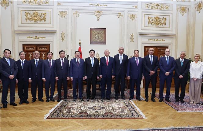 Chủ tịch nước Lương Cường với Chủ tịch Hạ viện Ai Cập Hanafy El-Gebaly và các đại biểu tại trụ sở Hạ viện Ai Cập. Ảnh: Lâm Khánh – TTXVN