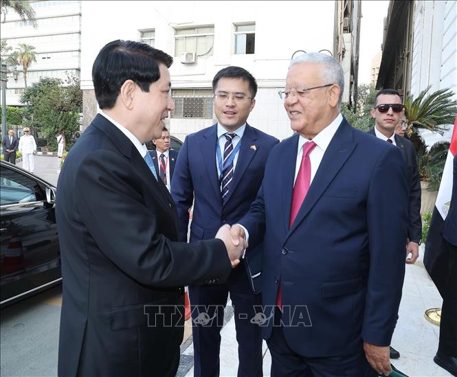 Chủ tịch Hạ viện Ai Cập Hanafy El-Gebaly đón Chủ tịch nước Lương Cường. Ảnh: Lâm Khánh - TTXVN 