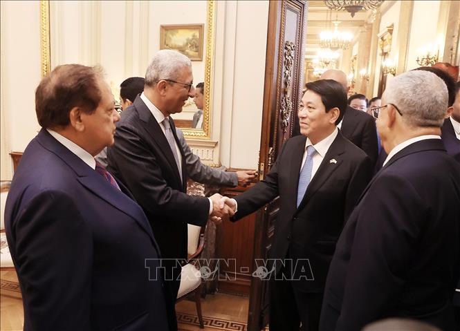 Chủ tịch nước Lương Cường với các đại biểu Hạ viện Ai Cập. Ảnh: Lâm Khánh - TTXVN