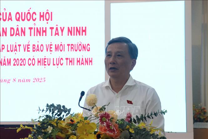Chủ nhiệm Ủy ban Khoa học, công nghệ và môi trường của Quốc hội - Lê Quang Huy phát biểu tại buổi làm việc. Ảnh: Bùi Giang - TTXVN