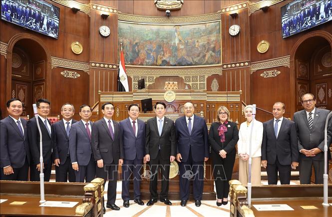 Chủ tịch nước Lương Cường và Chủ tịch Thượng viện Ai Cập Abdel-Wahab Abdel-Razeq tại Trụ sở Thượng viện Ai Cập. Ảnh: Lâm Khánh - TTXVN 