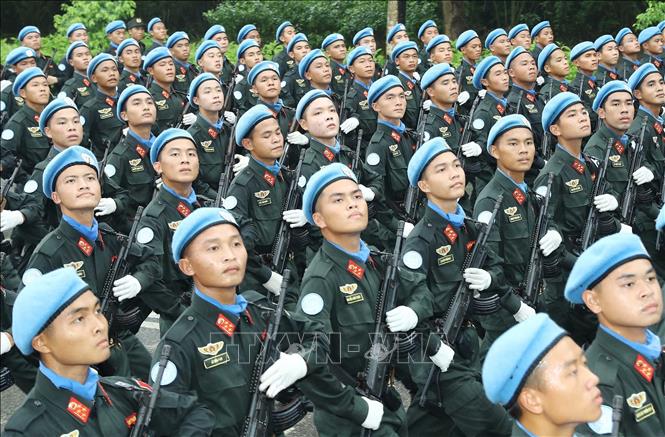 Khối Cảnh sát Gìn giữ hòa bình luyện tập trong sáng 6/8.  Ảnh: Trọng Đức - TTXVN