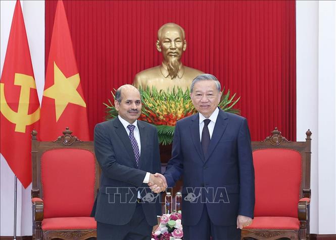 Tổng Bí thư Tô Lâm tiếp Đại sứ Ấn Độ tại Việt Nam Sandeep Arya. Ảnh: Thống Nhất – TTXVN