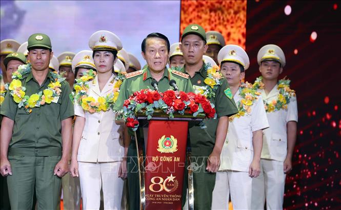 Đại tướng Lương Tam Quang, Ủy viên Bộ Chính trị, Bí thư Đảng uỷ Công an Trung ương, Bộ trưởng Bộ Công an phát biểu. Ảnh: Phạm Kiên - TTXVN