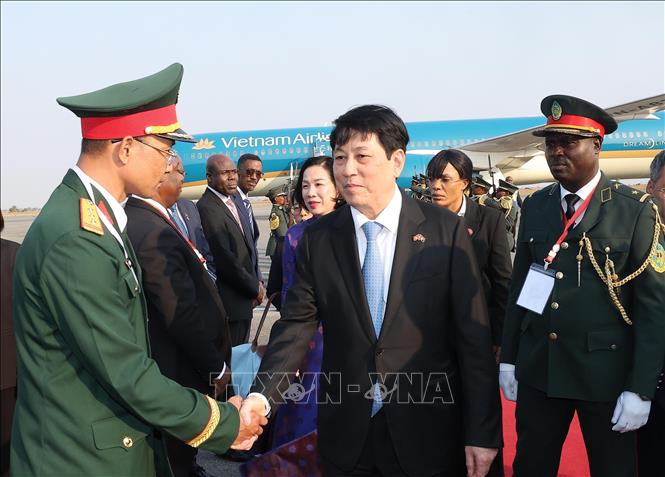 Cán bộ, nhân viên Đại sứ quán Việt Nam tại Angola đón Chủ tịch nước Lương Cường và Phu nhân ở sân bay quốc tế Quatro de Fevereiro, thủ đô Luanda. Ảnh: Lâm Khánh – TTXVN