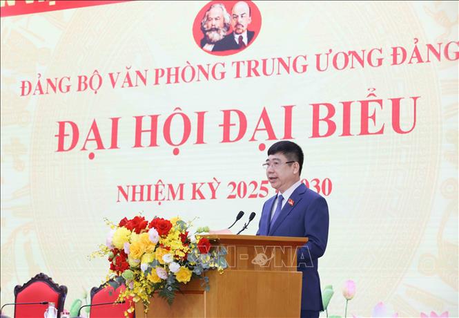 Đồng chí Hoàng Anh Tuấn, Phó Bí thư Đảng uỷ, Cục trưởng Cục Lưu trữ, Văn phòng Trung ương Đảng trình bày báo cáo tại Đại hội. Ảnh: Phương Hoa – TTXVN 
