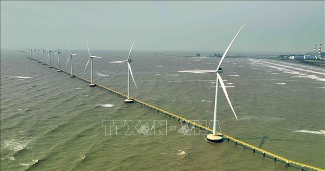 Nhà máy điện gió Hàn Quốc - Trà Vinh, có 12 tua-bin gió, tổng công suất 48MW, cung cấp lượng điện năng hơn 155 triệu KWh. Ảnh: Vũ Sinh – TTXVN