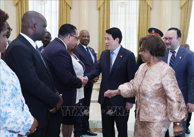Chủ tịch Quốc hội Angola Carolina Cerqueira đón Chủ tịch nước Lương Cường. Ảnh: Lâm Khánh - TTXVN 