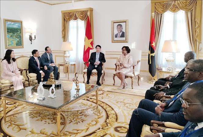 Chủ tịch nước Lương Cường hội kiến Chủ tịch Quốc hội Angola Carolina Cerqueira. Ảnh: TTXVN