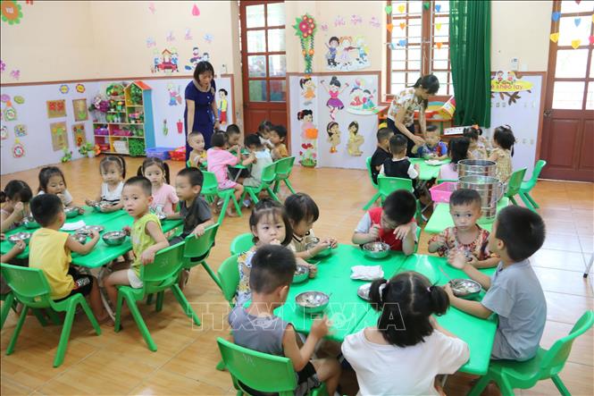 Bữa ăn bán trú của trẻ mẫu giáo trường Mầm non Lý Nam Đế (xã Hồng Minh, tỉnh Hưng Yên). Ảnh: Thu Hoài - TTXVN