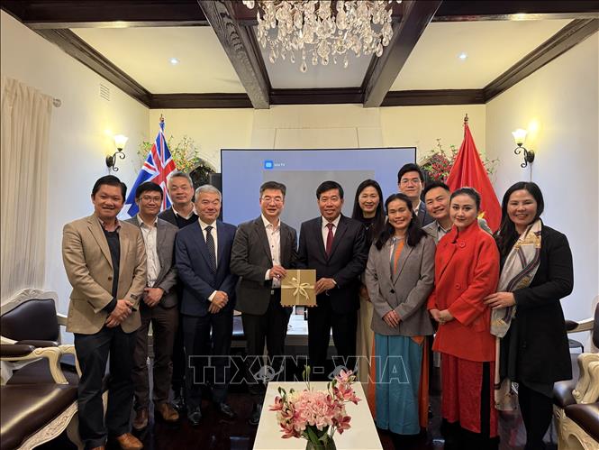 Thứ trưởng Bộ Ngoại giao Nguyễn Mạnh Cường (thứ 5, từ trái sang) cùng ê kíp thực hiện dự án VietNEST và một số đại diện cộng đồng người Việt tại thành phố Sydney. Ảnh: Thanh Tú - PV TTXVN tại Australia
