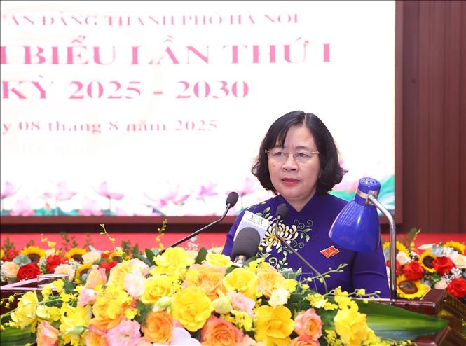 Bí thư Thành uỷ Hà Nội Bùi Thị Minh Hoài phát biểu chỉ đạo Đại hội. Ảnh: Văn Điệp - TTXVN