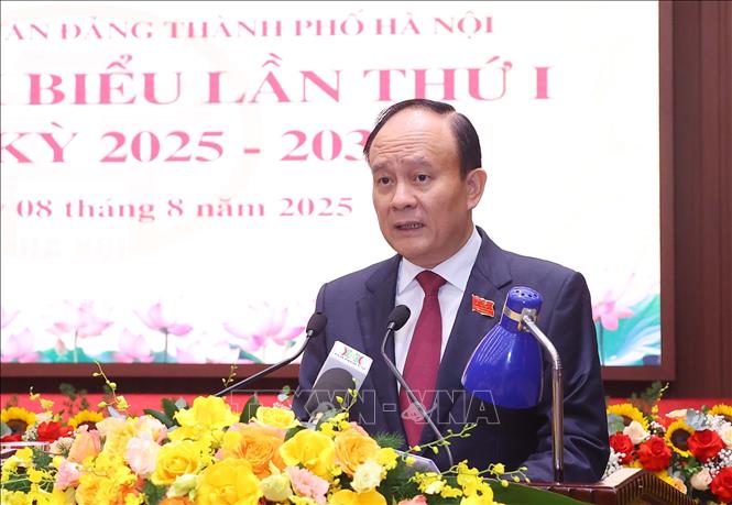 Đồng chí Nguyễn Ngọc Tuấn, Phó Bí thư Thành uỷ, Chủ tịch HĐND thành phố, Phó Bí thư Đảng uỷ các cơ quan đảng thành phố Hà Nội phát biểu. Ảnh: Văn Điệp – TTXVN
