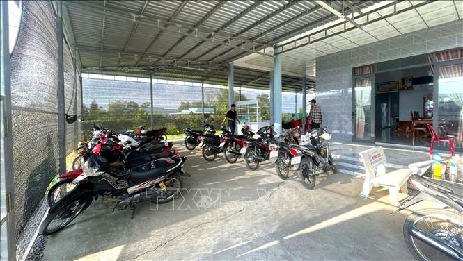 Căn nhà tại ấp Gò Dồ, xã Bình Hiệp, nơi các đối tượng tổ chức đánh bạc dưới hình thức “đá gà cựa” thắng, thua bằng tiền. Ảnh: TTXVN phát