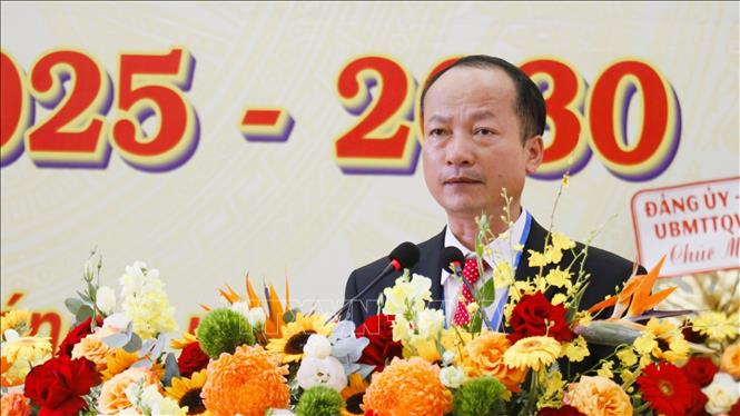 Bí thư Đảng ủy xã Phước Sơn Nguyễn Thế Hải phát biểu tại Đại hội. Ảnh: Nhật Bình - TTXVN