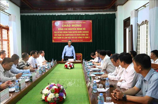 Đại sứ Nguyễn Minh Vũ làm việc với các công ty cụm 3 Campuchia thuộc Tập đoàn Công nghiệp Cao su Việt Nam tại trụ sở Công ty TNHH Phát triển Cao su Krông Buk - Ratanakiri, trên địa bàn xã La Minh, huyện Bokeo, tỉnh Ratanakiri, Campuchia. Ảnh: Huỳnh Thảo - PV TTXVN tại Campuchia