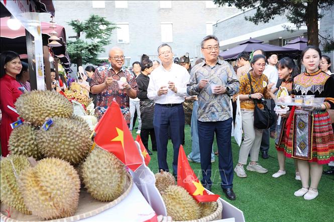 Đại sứ, đại diện các nước ASEAN tại Bắc Kinh tham quan gian hàng của Việt Nam. Ảnh: Công Tuyên-PV TTXVN tại Trung Quốc