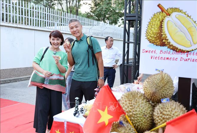 Gian hàng sầu riêng của Việt Nam thu hút nhiều người dân Bắc Kinh tham quan, thưởng thức. Ảnh: Công Tuyên-PV TTXVN tại Trung Quốc