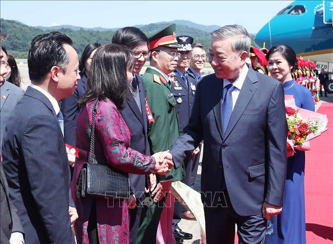 Cán bộ, nhân viên Đại sứ quán và cộng đồng người Việt Nam tại Hàn Quốc đón Tổng Bí thư Tô Lâm và Phu nhân ở Sân bay quân sự Seongnam. Ảnh: Thống Nhất - TTXVN